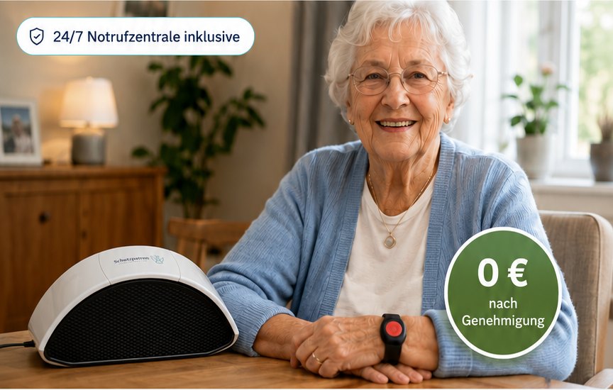 Seniorin am Tisch mit Schutzpatron Basisstation und rotem Notrufknopf am Handgelenk